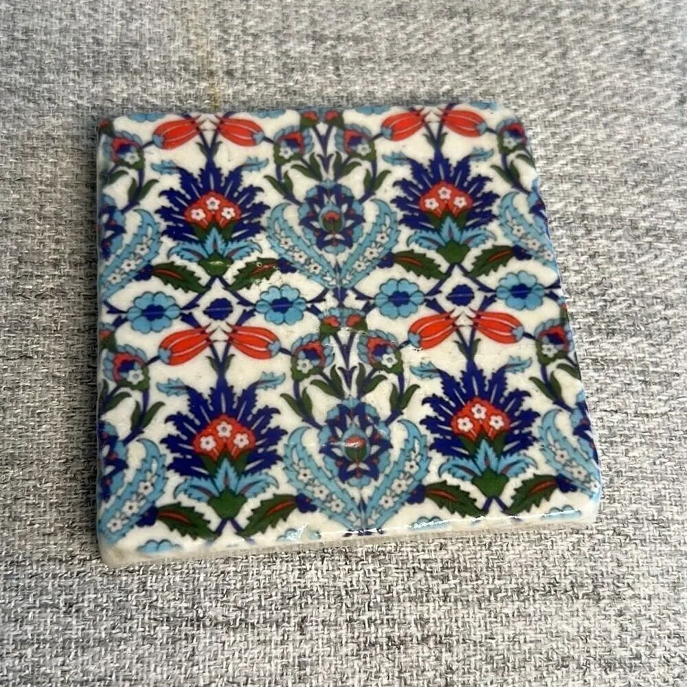 Turkish Stone Coasters: Bohemian Blue Floral Decor, Set of 4- NWOT